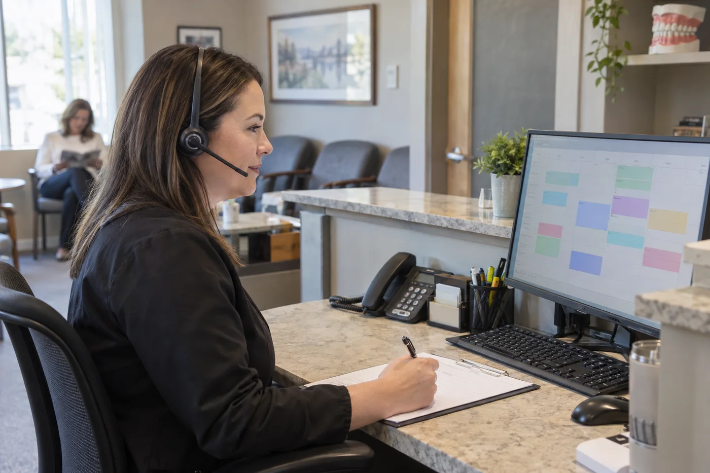 A dental reception team reviewing appointment requests at the front desk.