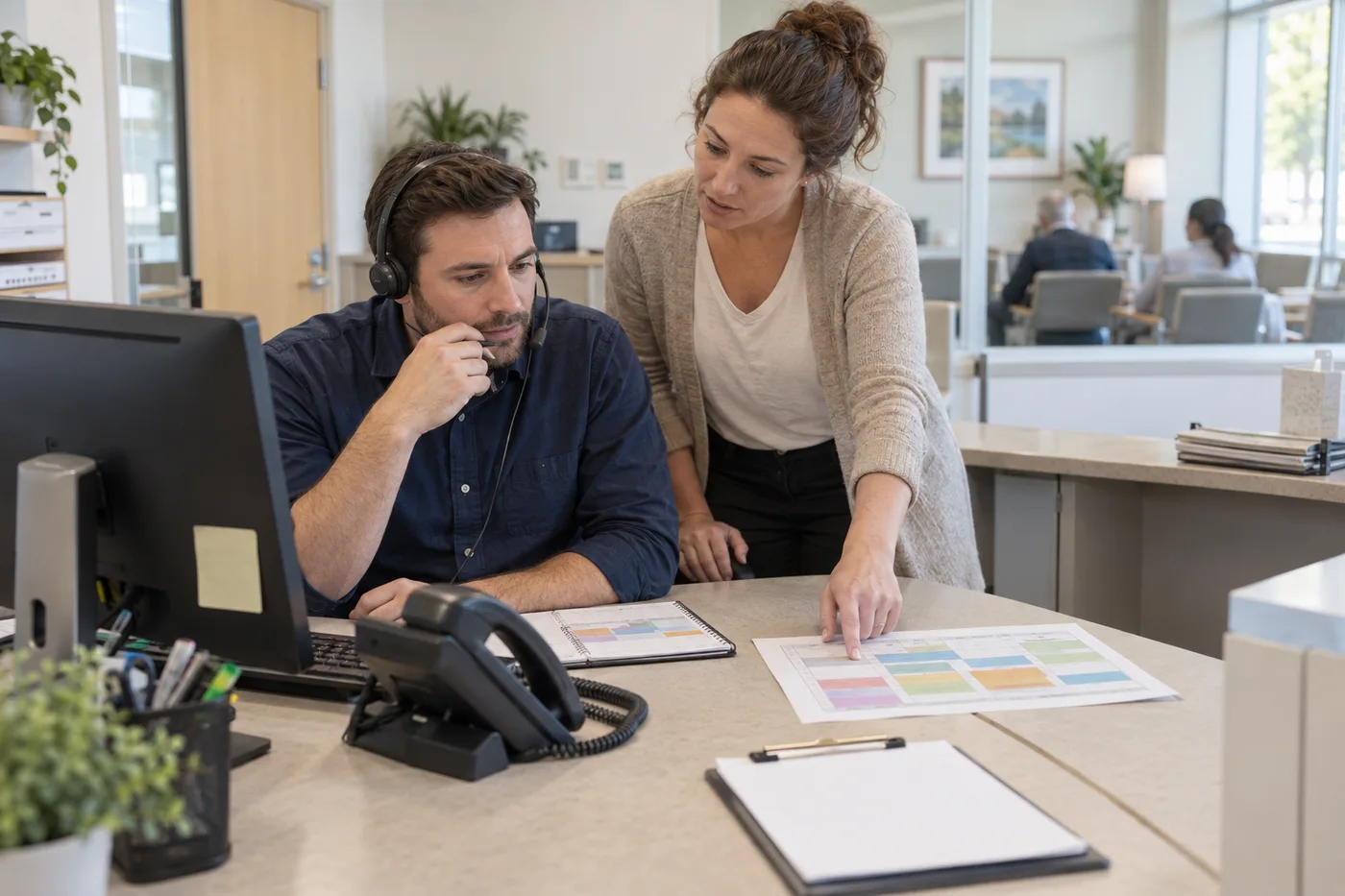 A medical practice administrator coordinating appointments at a clinic reception desk.