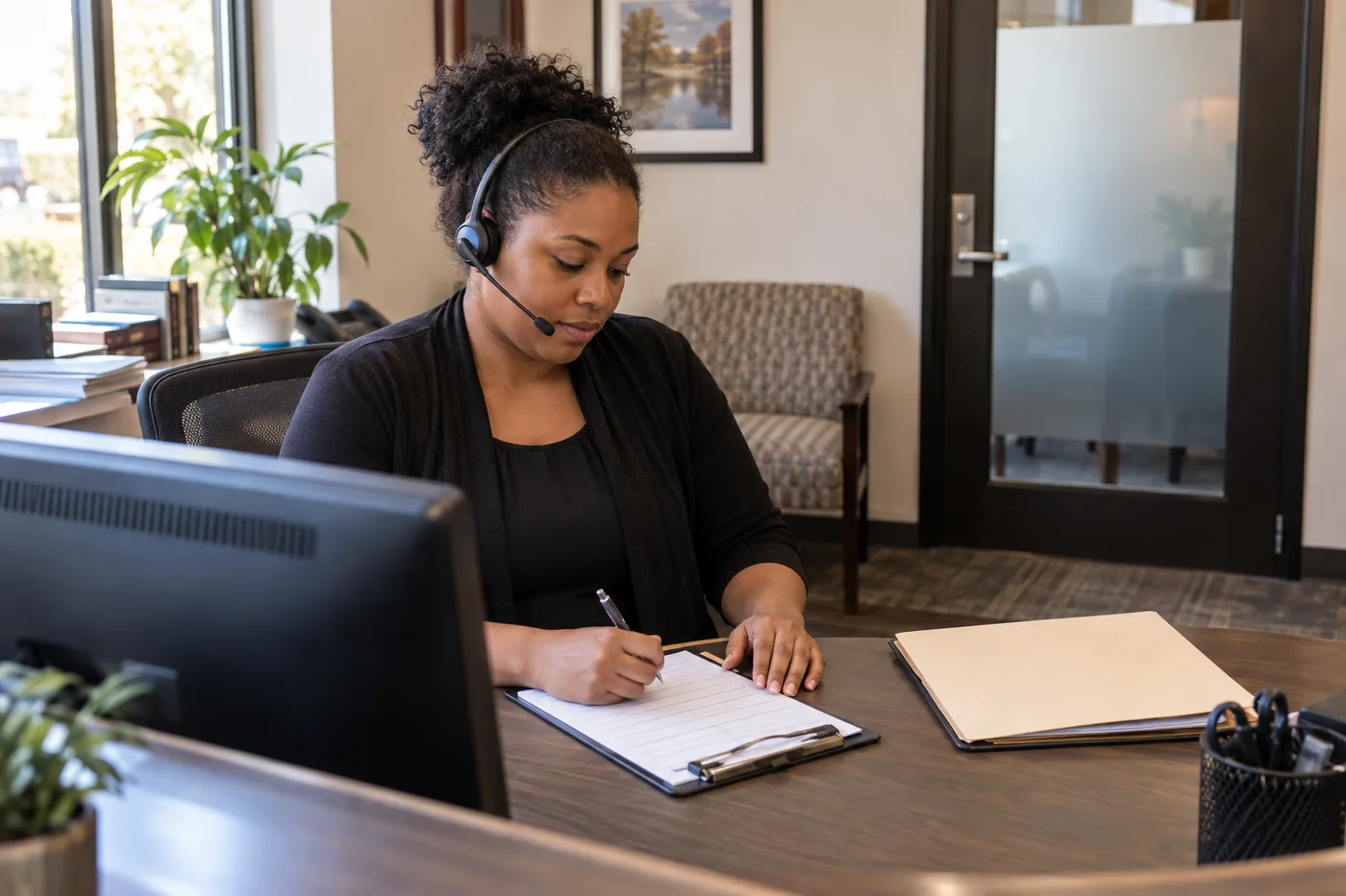A legal intake coordinator reviewing a new enquiry in a law office.