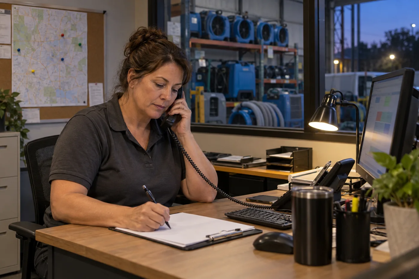 An after-hours restoration dispatcher receiving a property service call.