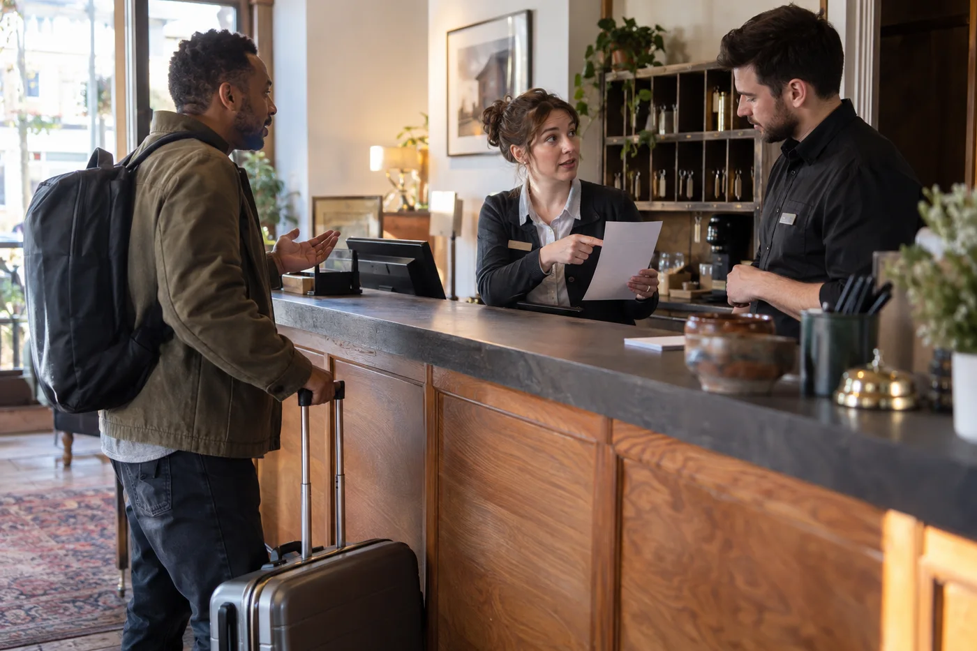 A hotel front-desk employee helping a guest with a request requiring staff confirmation.